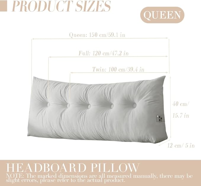 Queen Size Headboard Pillow Wedge Long Backrest Positioning Support for Daybed Wedge Bed Rest Reading Pillow with Side Pockets Bolster Cushion