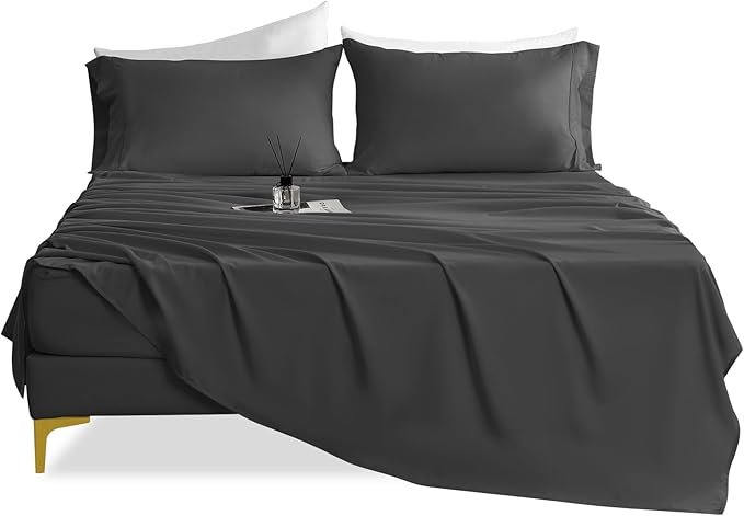 Queen Sheet Set - Hotel Luxury 4 Piece Silky Soft Breathable Cooling Queen Size Sheet Sets,Fits 16" Deep Pocket Mattress, Easy Care Wrinkle Free Bedding Sheet and Pillowcase Bed Sheet Set, Dark Gray
