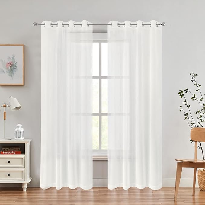 Sheer Curtains Faux Linen Semi Voile Light Filtering Drapes Pair for Bedroom Living Room, Set of 2 Grommet Top Window Curtain Panels (Each 54 x 84 Inch, Off White)