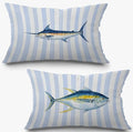 Coastal Beach Fish Pillow Covers 12x20 Set of 2, Ocean Marlin Tuna Fish Blue White Striped Lumbar Throw Pillow Covers for Boys Bedroom Beach House Home