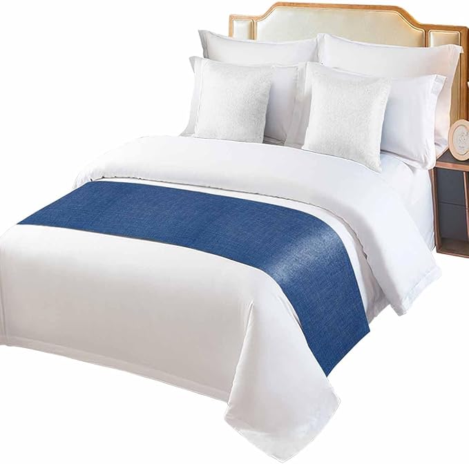 Retro Farm Linen Flax Bed Runners for Bedroom Hotel,Decorative Bedding Scarf Blue Solid Color Ocean Bed End Blanket Bedding Runner Scarves for Queen Size Bed,94x20in