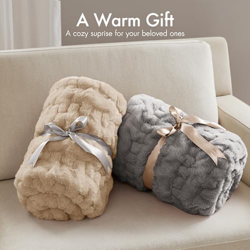 Madison Park Ruched Fur Luxury Throw Premium Soft Cozy Brushed Long Faux Fur For Bed, Couch or Sofa , 50x60" , Grey