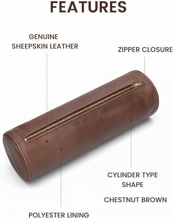 Leather Cylindrical Cushion Cover – 100% Lambskin Round Bolster Pillow Cover | Handmade Ergonomic Roll for Head, Neck & Back | Decorative Home & Sofa Accessory (24" x 5")