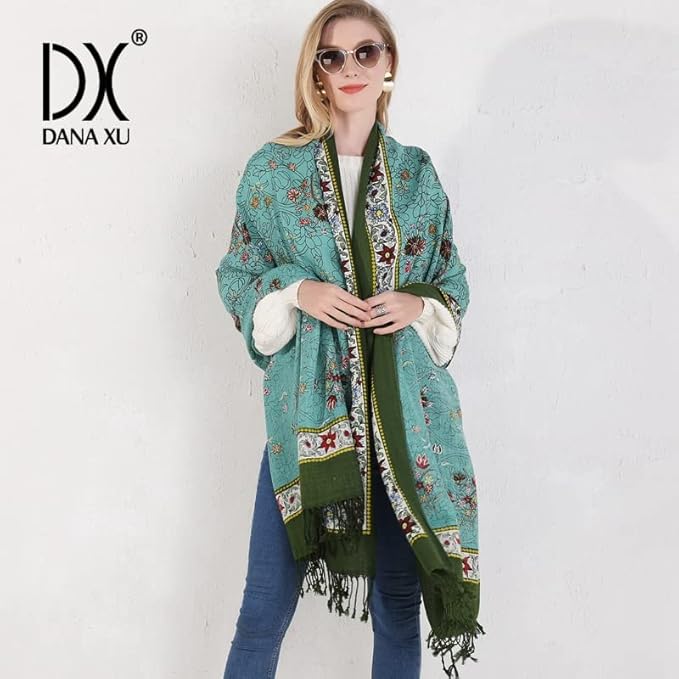 DANA XU 100% Merino Wool Pashmina Shawl for Women 96"x43", Oversized Cashmere Wrap with Tassels, Floral Travel Blanket Cape