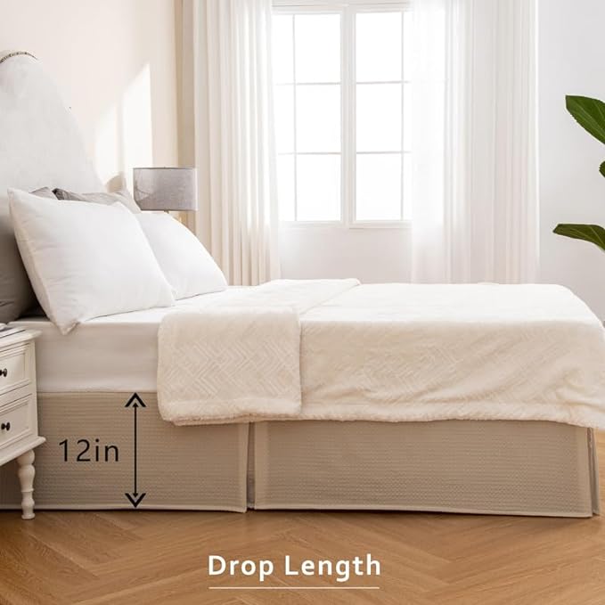 MIYE Pleated Waffle Weave Bed Skirt, Tailored Dust Ruffle 12 Inch Drop Easy Fit, Machine Washable,No Split Corners (Beige,Cal King - 12" Drop)