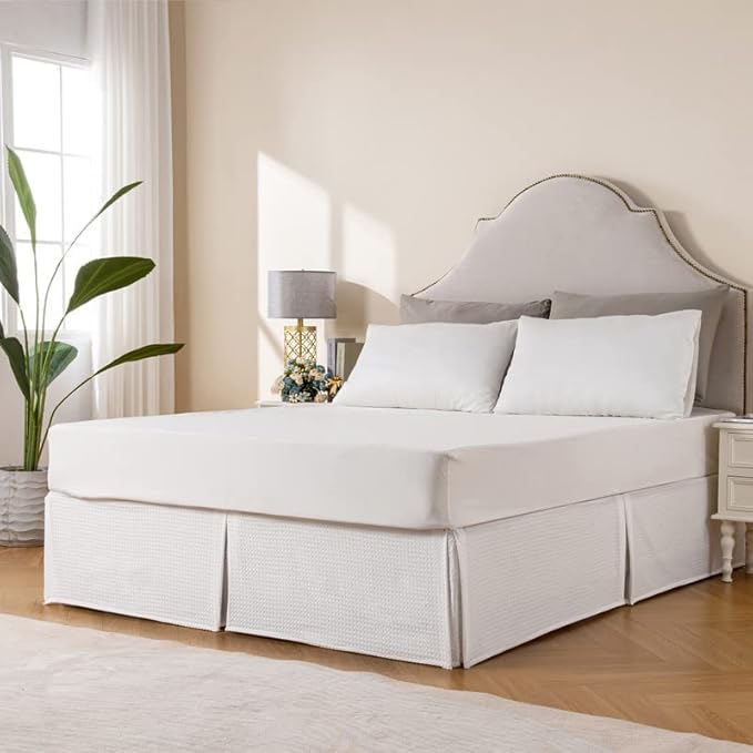 MIYE Pleated Waffle Weave Bed Skirt, Tailored Dust Ruffle 18 Inch Drop Easy Fit, Machine Washable, No Split Corners (White, Queen - 18" Drop)