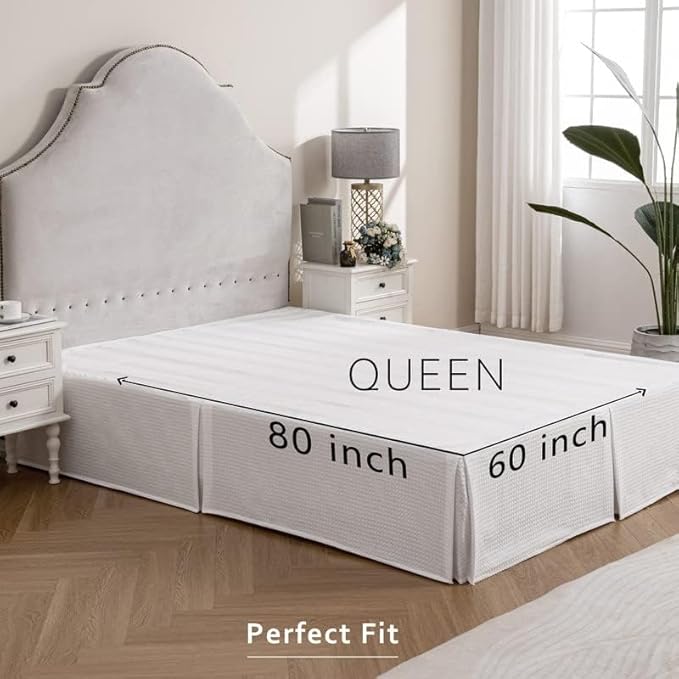 MIYE Pleated Waffle Weave Bed Skirt, Tailored Dust Ruffle 16 Inch Drop Easy Fit, Machine Washable (White, Queen - 16" Drop)