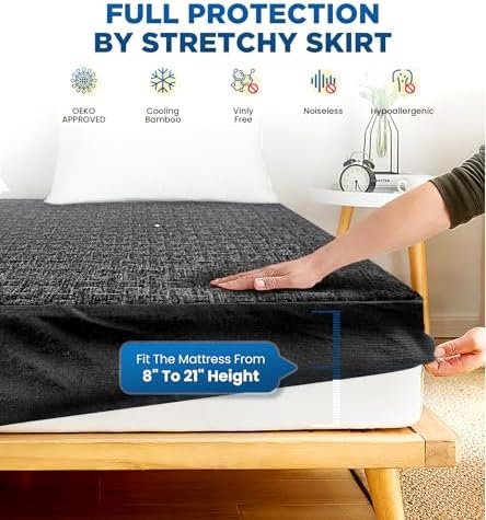 Premium 100% Waterproof King Mattress Protector, Breathable Cooling 3D Air Fabric Mattress Cover, Soft Hypoallergenic Noiseless Bed Cover Machine Washable Vinyl Free, 8-21'' Deep Pocket (Black)