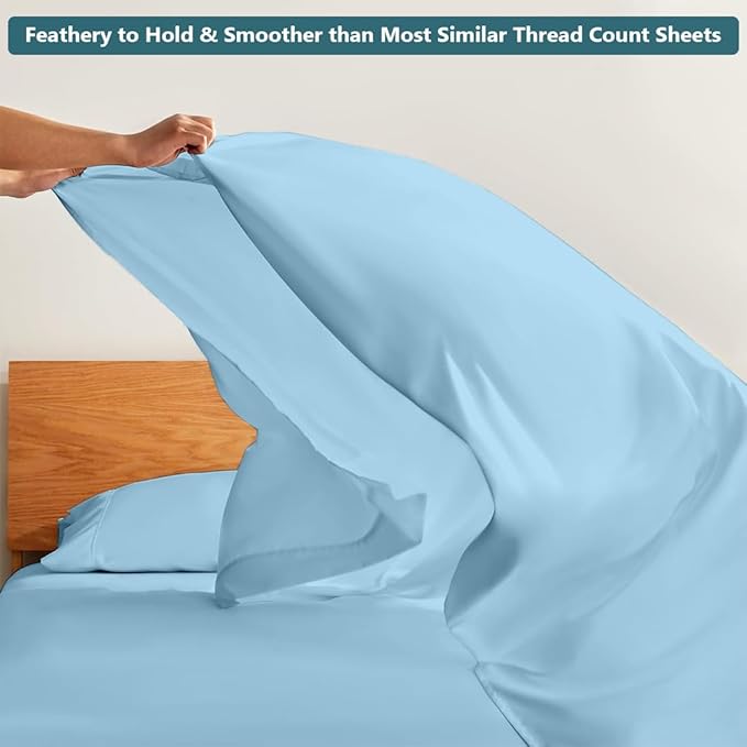 Olympic Queen Sheet Set – 100% Egyptian Cotton, 338 Thread Count – 4-Piece Luxury Super Queen Sheets – Soft & Breathable – 16” Deep Pocket Fitted Sheet, 1 Flat Sheet, 2 Pillowcases (Light Blue Solid)
