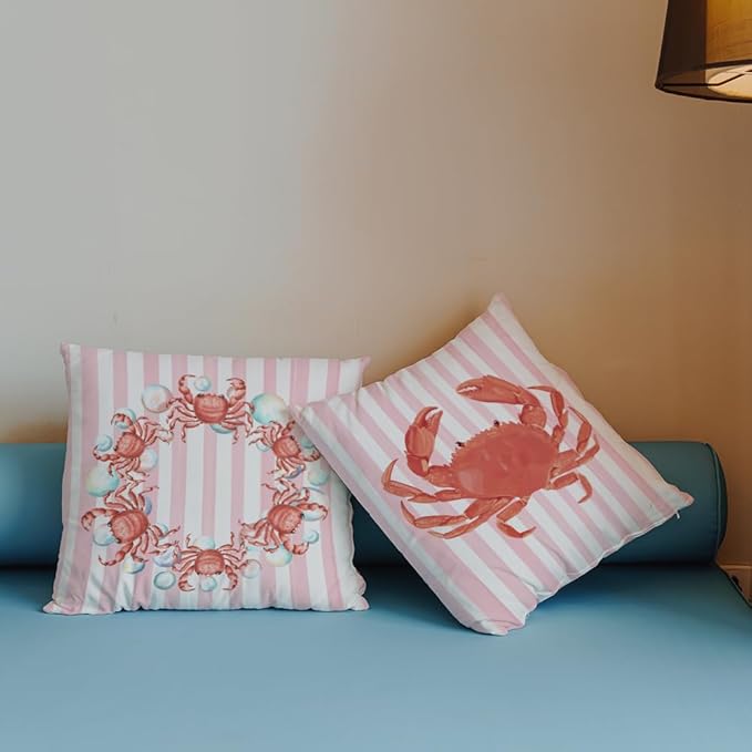 Coastal Red Crab Pillow Covers 18x18 Set of 2, Nautical Coastal Red Crab Bubbles Pink White Striped Throw Pillow Covers for Beach House Home, Preppy Beach Room Decor