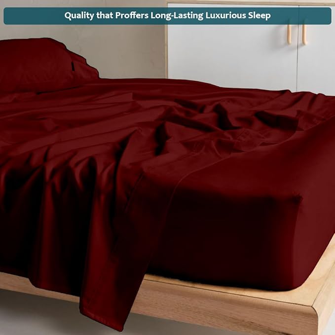 Deep Pocket King Sheets Set - Luxury 338 Thread Count Sateen, 100% Cotton Sheets with All Around Elastic for a, Hotel Quality Bedding Set (Burgundy Solid)
