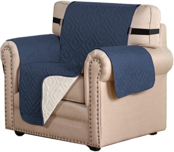 H.VERSAILTEX Reversible Chair Cover Furniture Protector Anti-Slip Couch Cover Water Resistant 2" Elastic Straps Chair Slipcover Pets Kids Fit Sitting Width Up to 21" (Chair:75" x 65", Navy/Beige)