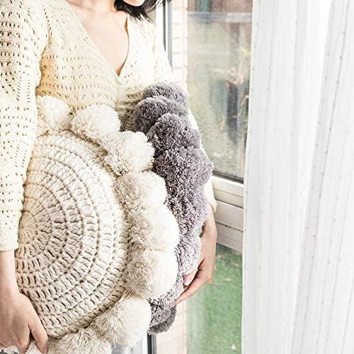 Round Throw Pillow Boho with Pom Poms Fringe Tassels, Bohemian Cute Decorative Circular Pillow with Knitted Texture for Sofa Chair, Acrylic Diameter 18 inches, Gray