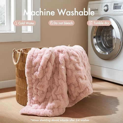 Madison Park Ruched Luxury Throw Premium Soft Cozy Brushed Long Faux Fur For Bed, Couch or Sofa, 50"x60", Blush