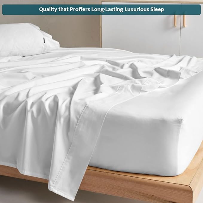 Olympic Queen Sheet Set – 100% Egyptian Cotton, 338 Thread Count – 4-Piece Luxury Super Queen Sheets – Soft & Breathable – 16” Deep Pocket Fitted Sheet, 1 Flat Sheet, 2 Pillowcases (White Solid)