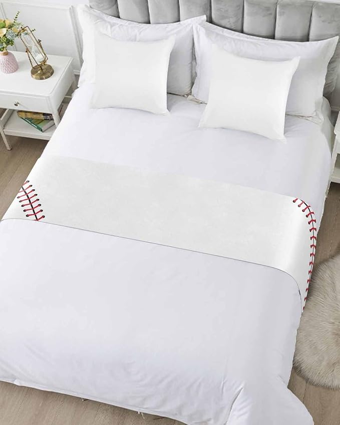 Baseball Sports Texture Bed Runners for Bedroom Hotel,Decorative Bedding Scarf White Red Lines Bed End Blanket Bedding Runner Scarves for Full Size Bed,83x20in