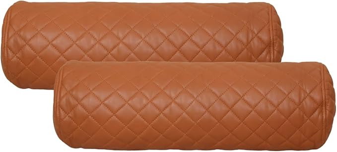 Neck Roll Pillow Cushion Cover, 16x7 Inch Full Moon Round Bolster Pillow Case, Cylinder Soft Lambskin Leather Pillowcase for Head, Spine & Neck Support During Sleep - Quilted Tan Pack of 2