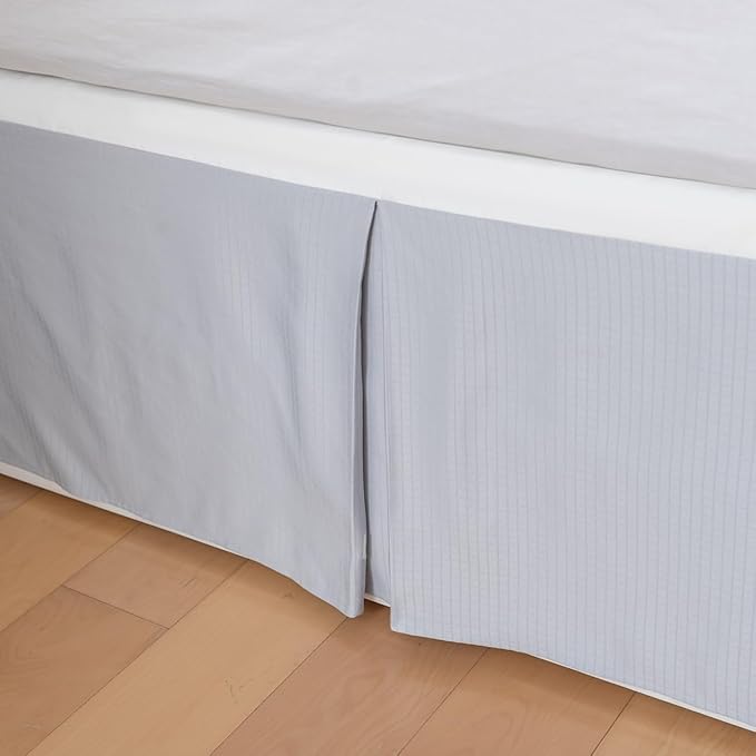 King Bed Skirt, Grid Plaid Soft Quadruple Pleated Ruffle Bed Skirt, Tailored Dust Ruffle 14 Inch Drop Easy Fit, Machine Washable (Silver Grey)