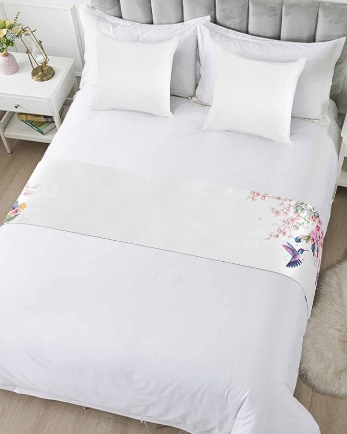 Blossom Floral Hummingbird Bed Runners for Bedroom Hotel,Decorative Bedding Scarf Butterfly Blossom Flower Plant Bed End Blanket Bedding Runner Scarves for Queen Size Bed,94x20in