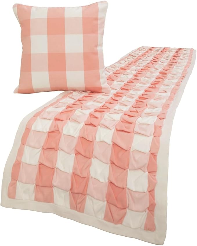 The HomeCentric King/Queen/Twin Peach Pink Decorative Twin 53"x18" Bed Runner with 2 Pillow Cover, Textured & Buffalo Checks Bed Scarf on Cotton Fabric - Buffalo Plaid Peach