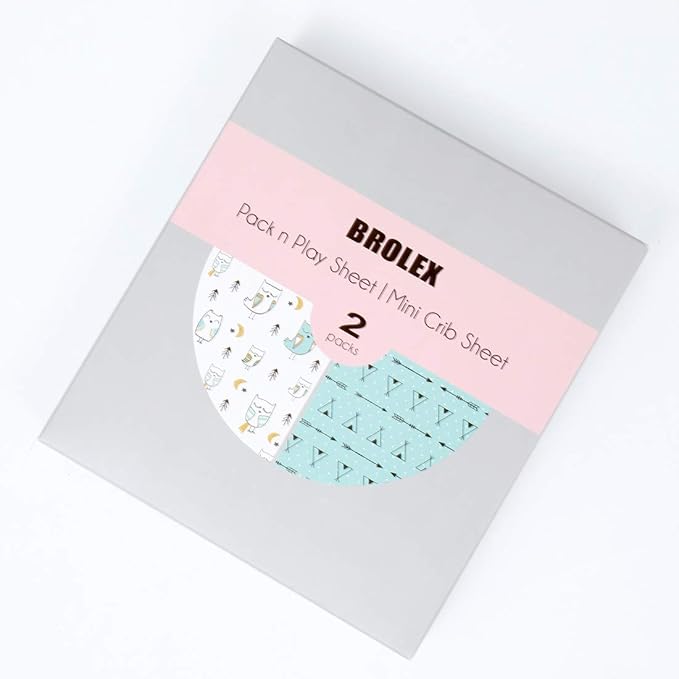 Pack n Play Sheets, BROLEX 2 Pack Mini Crib Sheets,Stretchy Portable Fitted Playard Sheet Set, Convertible Playard Mattress Cover,Ultra Soft Breathable Material,Arrow Owl