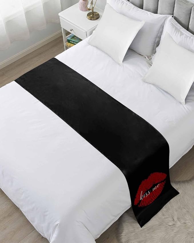 Red Lip Print Kiss Me Bed Runners for Bedroom Hotel,Decorative Bedding Scarf Black Back Bed End Blanket Bedding Runner Scarves for King Size Bed,102x20in
