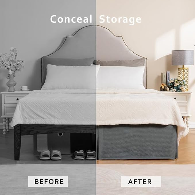 MIYE Pleated Waffle Weave Bed Skirt, Tailored Dust Ruffle 12 Inch Drop Easy Fit, Machine Washable (Dark Grey, Twin - 12" Drop)
