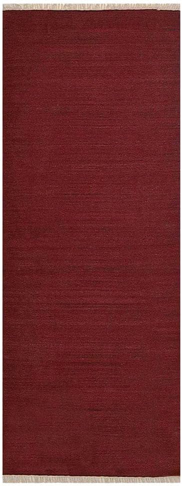 Rugsotic Carpets Hand Woven Flat Weave Kilim Wool ECO-Friendly Area Rugs - 2'6"x8', Runner Shape, Dark Red Color, Solid Plain Design, Low Pile Handmade Rugs for Living Room, Bed Room (D00111)