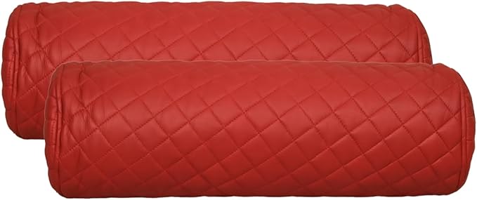 Neck Roll Pillow Cushion Cover, 20x5 Inch Full Moon Round Bolster Pillow Case, Cylinder Soft Lambskin Leather Pillowcase for Head, Spine & Neck Support During Sleep - Quilted Cherry Red Pack of 2