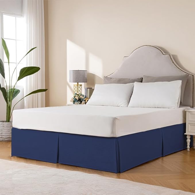 MIYE Pleated Waffle Weave Bed Skirt, Tailored Dust Ruffle 16 Inch Drop Easy Fit, Machine Washable (Navy Blue, Full - 16" Drop)