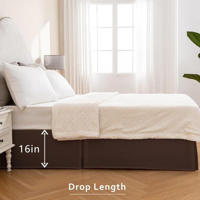 MIYE Pleated Waffle Weave Bed Skirt, Tailored Dust Ruffle 16 Inch Drop Easy Fit, Machine Washable (Brown, Queen - 16" Drop)