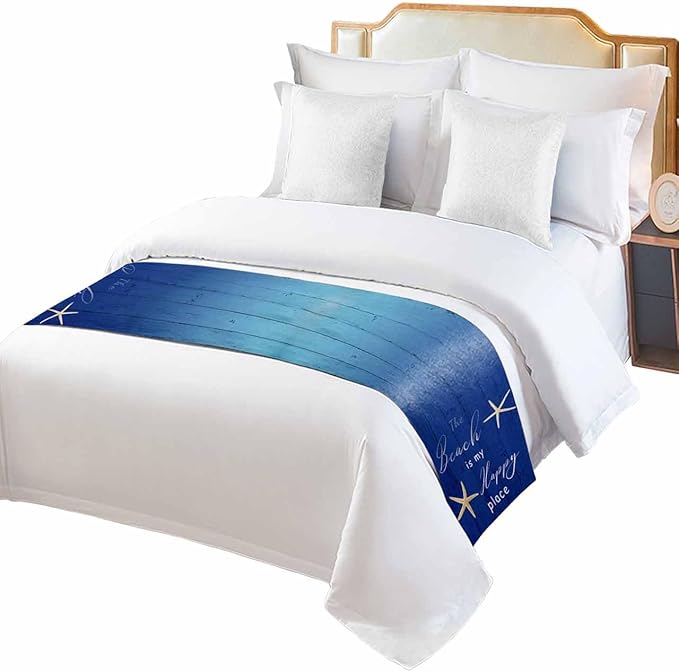 Happy Beach Place Marine Starfish Bed Runners for Bedroom Hotel,Decorative Bedding Scarf Gradient Blue Wood Grain Bed End Blanket Bedding Runner Scarves for Twin Size Bed,71x20in