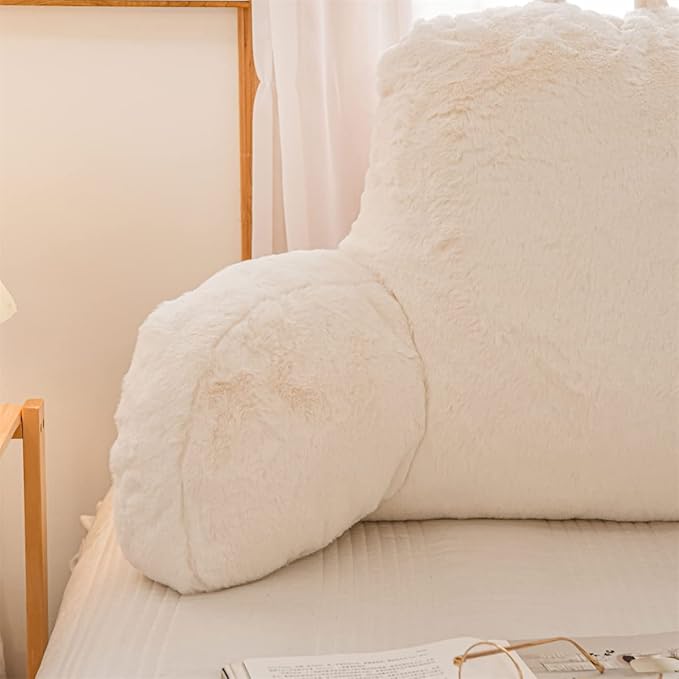 NTBED Reading Pillow Faux Fur Bed Wedge Backrest with Arms,Couch TV Relax Bed Rest Pillow Back Support Cushion for Kids Teens Boys Girls(Ivory)
