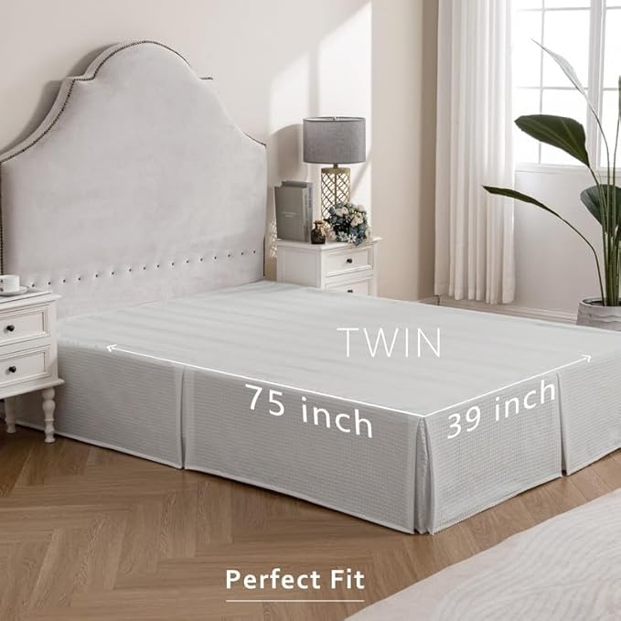 MIYE Pleated Waffle Weave Bed Skirt, Tailored Dust Ruffle 12 Inch Drop Easy Fit, Machine Washable (Light Grey, Twin - 12" Drop)