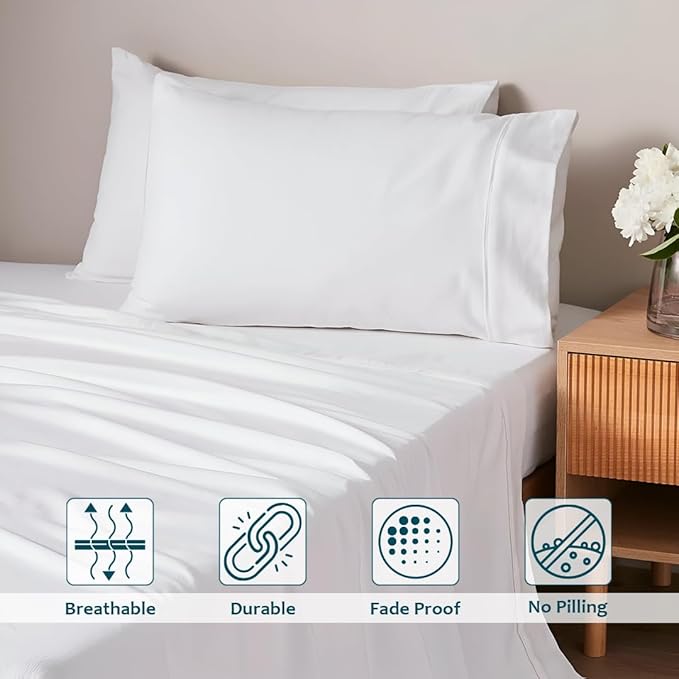 XL Twin Sheets Set - Luxury 338 Thread Count 100% Egyptian Cotton Sateen, Twin XL Sheet Set with All Around Elastic for a, Hotel Quality Bedding (White Solid)