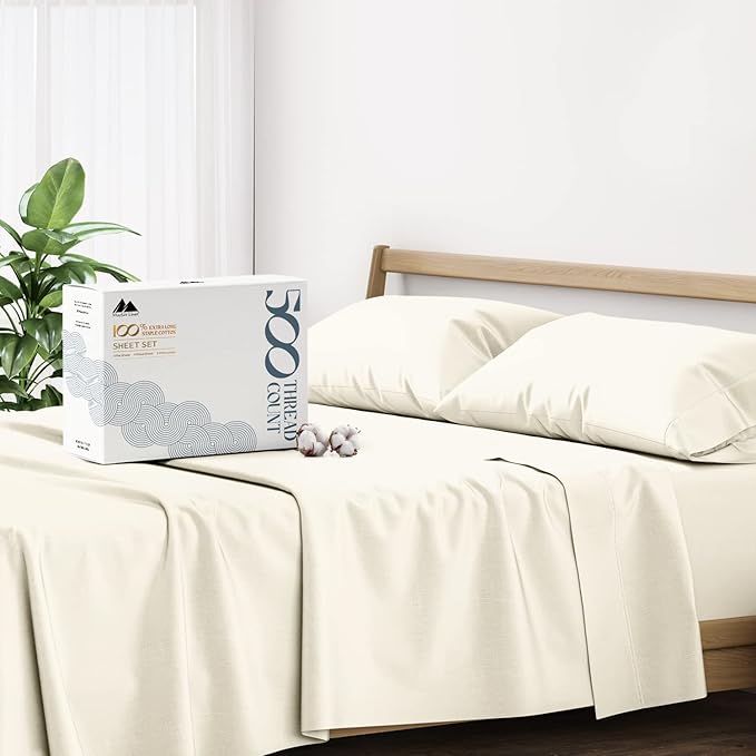 Mayfair Linen 500 Thread Count 100% Cotton Sheets King Size Bed Set - 4 PC King Bed Sheet Set Cotton (Sand), Soft, Cooling, Sateen Weave 16" Deep Pocket Bedsheet for Hot Sleepers (Fits 18" Mattress)
