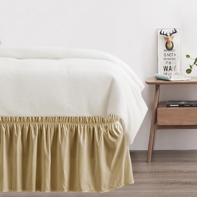 Queen Bed Skirt, Elastic Wrap Around Bed Skirt Queen Size, Bed Skirts for Adjustable Bed, Easy Fit with 18" Drop Length Tailored Drop Dust Ruffle (Beige)