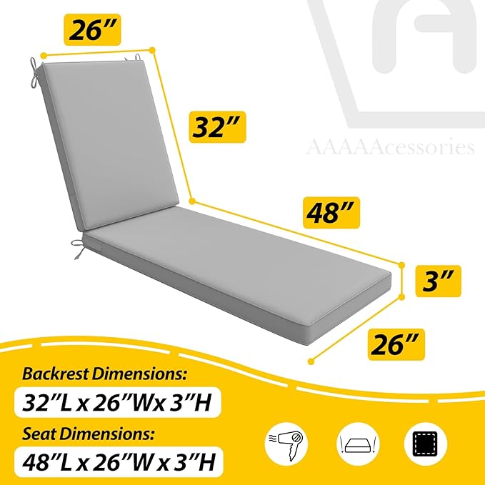 AAAAAcessories Outdoor Chaise Lounge Cushions, Waterproof, Fade-Resistant Patio Furniture Replacement Cushions, 80" x 26" x 3", Gray