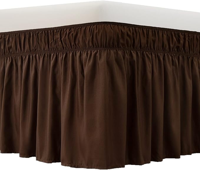 MEILA Wrap Around Bed Skirt Three Fabric Sides Elastic Dust Ruffled 24 Inch Tailored Drop,Easy to Install Fade Resistant-Brown, Queen/King