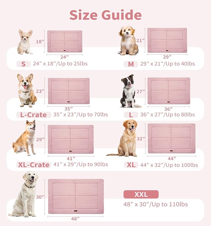 Made4Pets Dog Crate Pad Bed for Large Dogs, Washable & Reversible, Anti-Slip Kennel Mat for Cozy Sleeping, Soft Fluffy Dog Bed for Indoor & Outdoor Use, 41"x29", Pink
