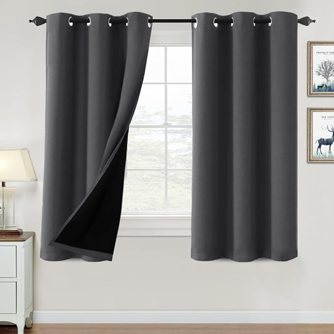 H.VERSAILTEX 100% Blackout Curtains for Bedroom Thermal Insulated Blackout Curtains 63 inch Length Heat and Full Light Blocking Curtains for Living Room with Black Liner 2 Panels, Charcoal Gray