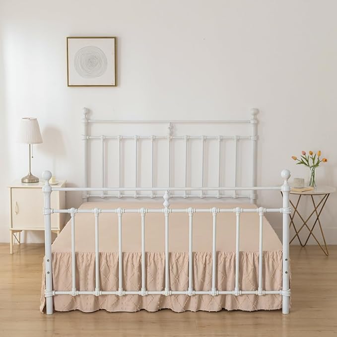 Bed Skirt Queen Size，Ruffled Cream Bed Skirt with Split Corners，Queen Bed Skirt 14 Inch Drop, Boho Tufted Shabby Chic Queen Size Bed Skirt, Bed Skirts Queen Size