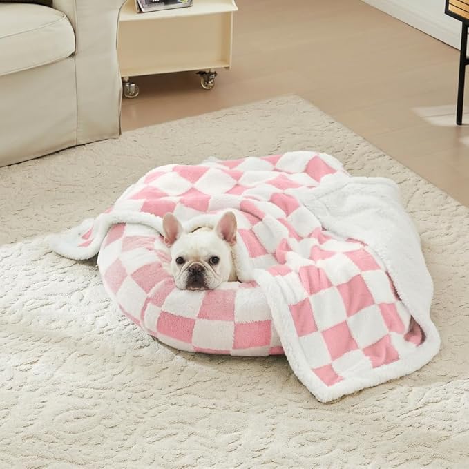 Checkered Dog Blanket, Pink Jacquard Sherpa Blankets for Small Dog and Cats, Cute Girly Women Aesthetic Style Fluffy Fleece Pets Blanket for Couch Protection Washable, 30"x40"