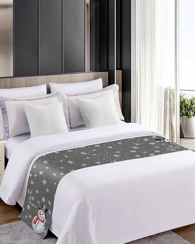 Christmas Snowman Winter Snowflakes Bed Runners for Bedroom Hotel,Decorative Bedding Scarf Gray White Bed End Blanket Bedding Runner Scarves for Queen Size Bed,94x20in