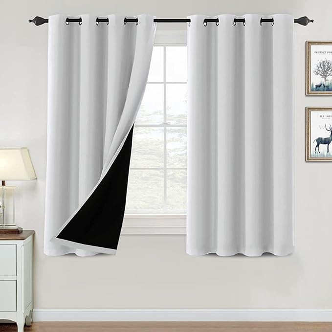 H.VERSAILTEX 100% Blackout Curtains for Bedroom Thermal Insulated Blackout Curtains 54 inch Length Heat and Full Light Blocking Curtains for Living Room with Black Liner 2 Panels Set, Greyish White