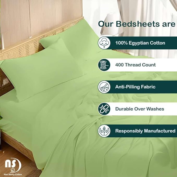 NON Sticky cotton Queen Size Sleeper Sofa Sheets, 4 Piece Egyptian Cotton Bed Sheet Set for Sofa Bed, 10" Deep Pocket for Pull Out Couch Mattress, 60" x 75", Sage Solid, Soft & Breathable