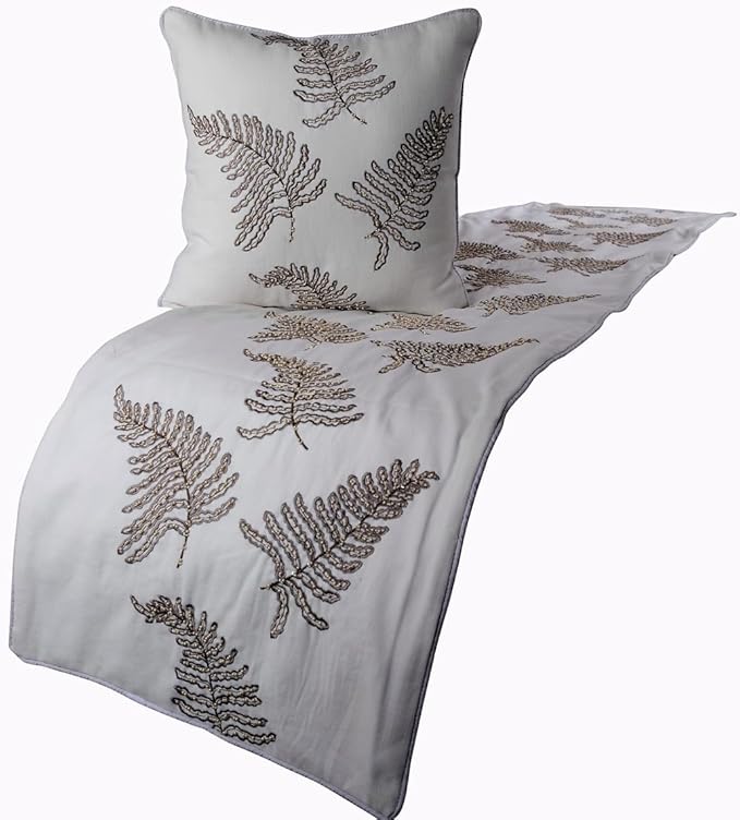The HomeCentric White Bed Runner, Full Size 68"x18" Decorative Bed Runner with 2 Matching Pillow Cover, White Linen Bed Scarf in Fern Embroidery & Pearl - Fern Blossom