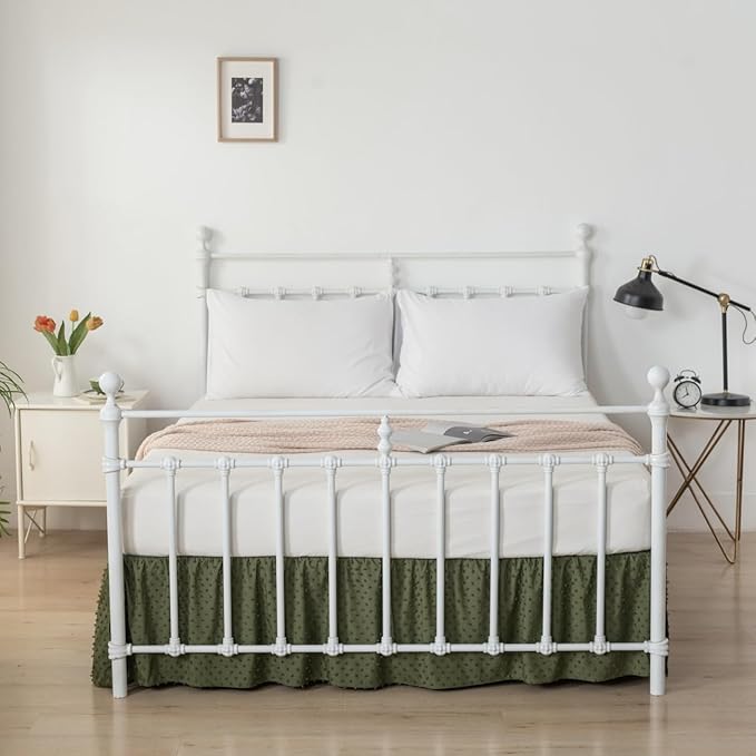 Tufted Dot Bed Skirt Queen Size Ruffled Bed Skirt with Split Corners, 16 Inch Drop Dust Ruffle Bed Skirts with Platform, Olive Green