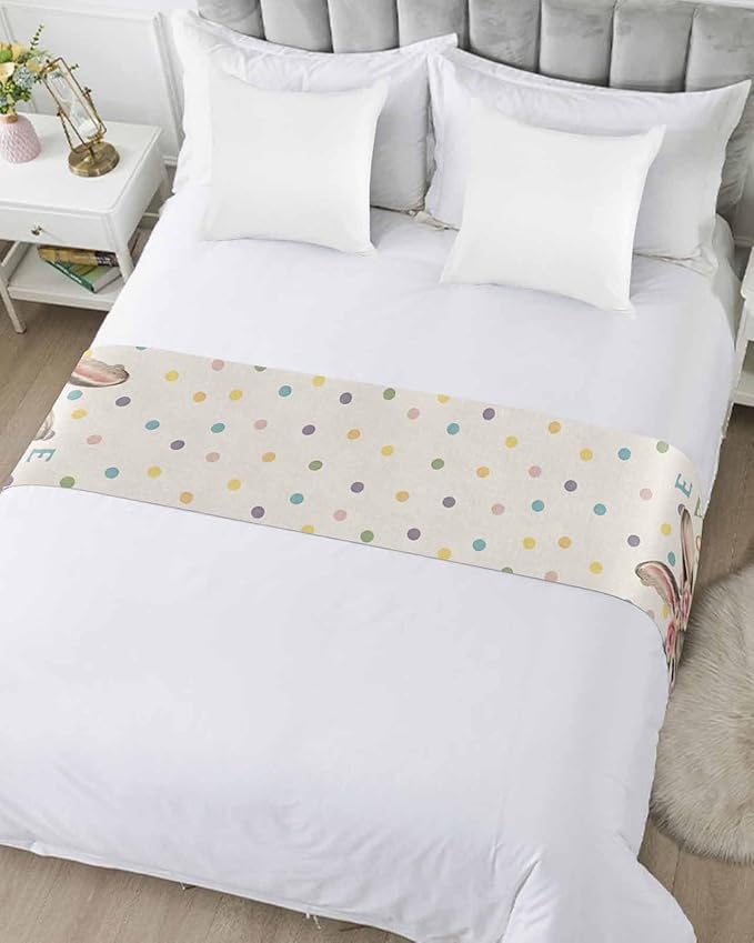 Spring Easter Farm Rabbit Flower Bed Runners for Bedroom Hotel,Decorative Bedding Scarf Colorful Quote Dot on Linen Bed End Blanket Bedding Runner Scarves for Twin Size Bed,71x20in