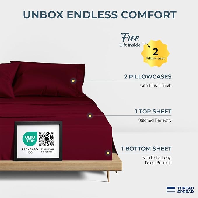 THREAD SPREAD 100% Egyptian Cotton California King Size - 1500 Thread Count 4 PC Cal King Sheets, Cooling Sateen, Burgundy